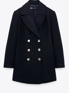 Zara Double Breasted Coat Navy Blue